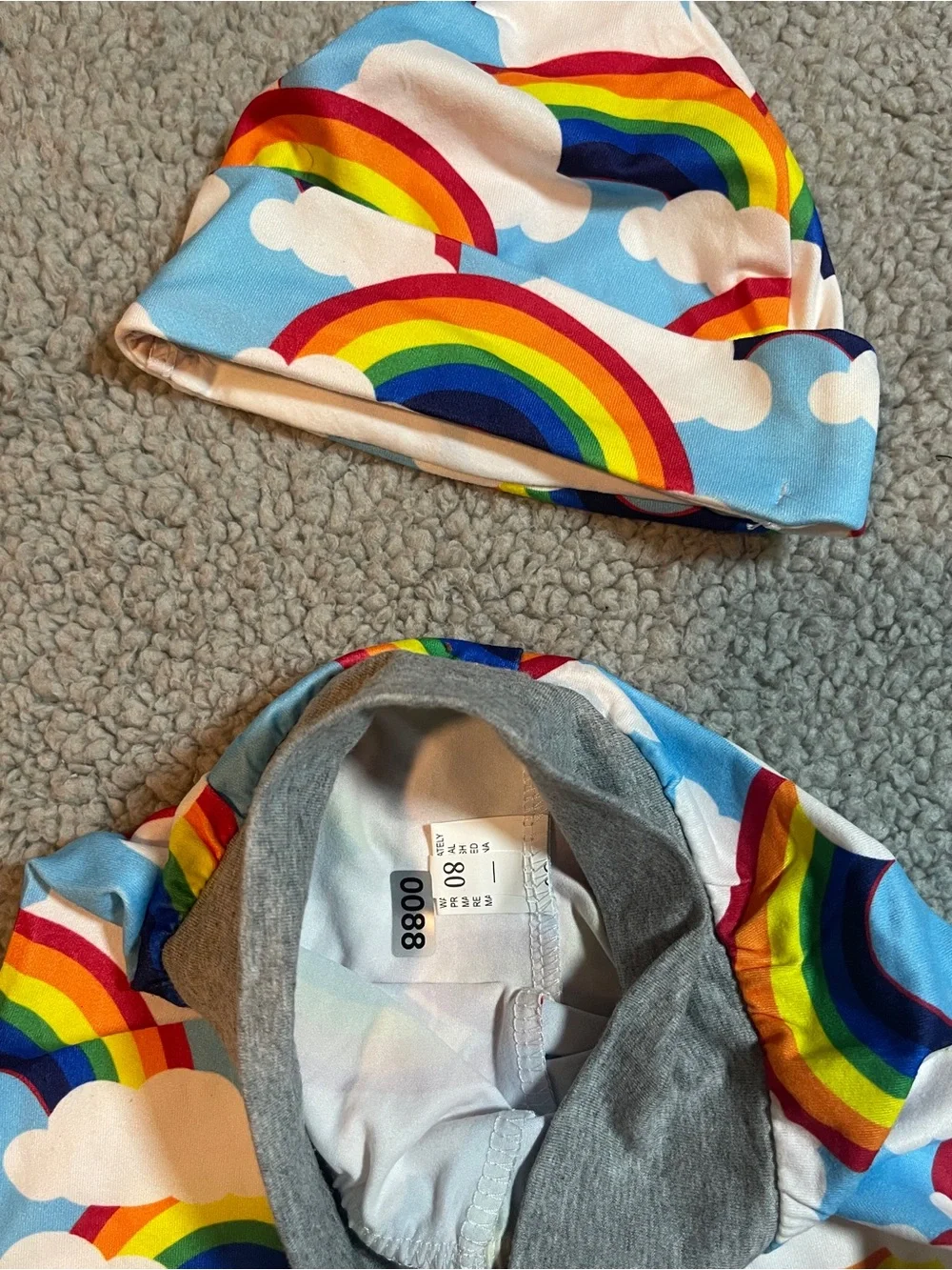 Baby 2 Pc Rainbow Cloud Outfit Set Size 80 12-18M Blue Pants & Matching Hat